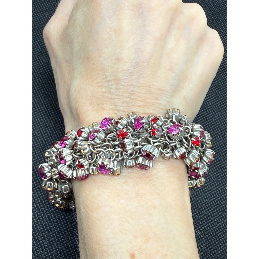 Vintage Pink Red Rhinestone Multi Strand Chain Statement Bracelet Silver Tone